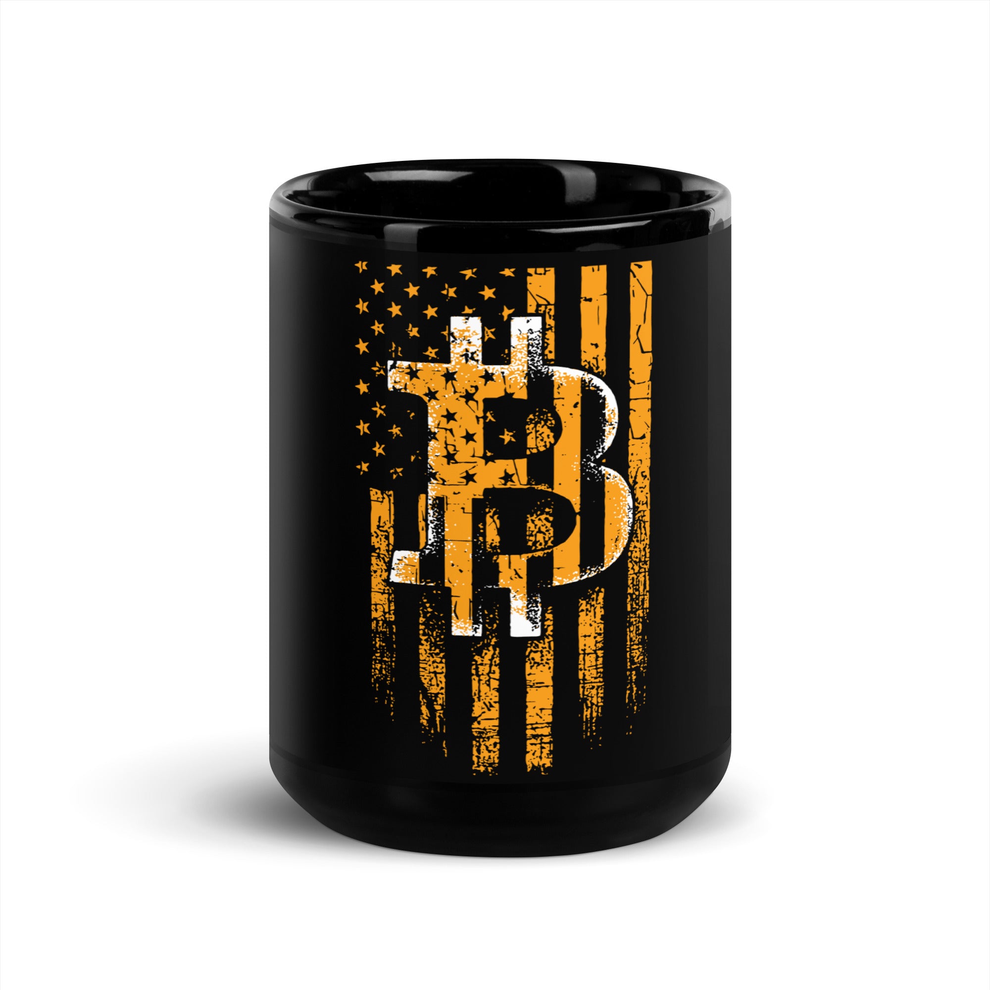 Bitcoin Distressed Flag Black Glossy Mug